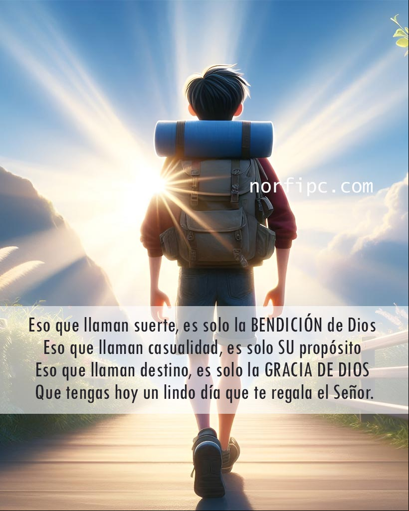 Eso que algunos llaman suerte, es solo la BENDICIÓN de Dios. Eso que otros llaman casualidad, es solo SU propósito. Eso que llaman destino, es solo la GRACIA DE DIOS. Que tengas hoy un lindo día que te regala el Señor Chico de espaldas caminando al amanecer
