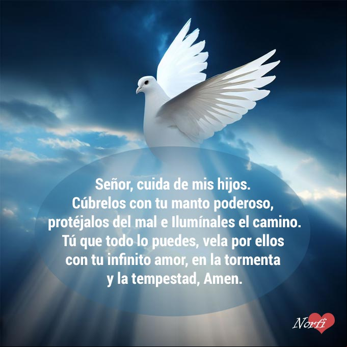 Señor, por favor te pido, cuida de mis hijos, cúbrelos con tu manto poderoso, protéjalos de todo mal e Ilumínales el camino de la vida con tu luz. Tú que todo lo puedes, vela por ellos con tu infinito amor, en la tormenta y la tempestad, Amen Paloma blanca, rayos del sol saliendo entre las nubes oscuras