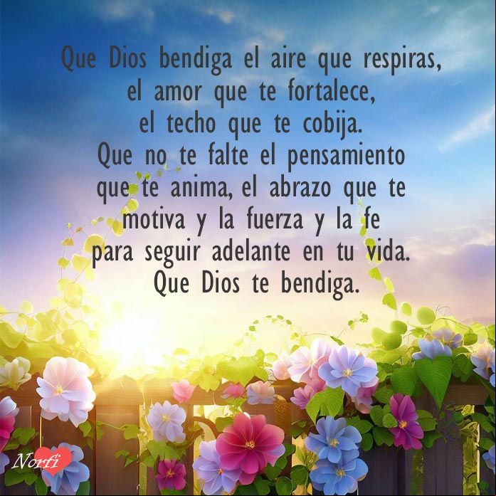 Que Dios bendiga el aire que respiras, el amor que te fortalece, el techo que te cobija. Que no te falte el pensamiento que te anima, el abrazo que te motiva y la fuerza y la fe para seguir adelante en tu vida. Que Dios te bendiga Flores y enredaderas en una cerca al amanecer