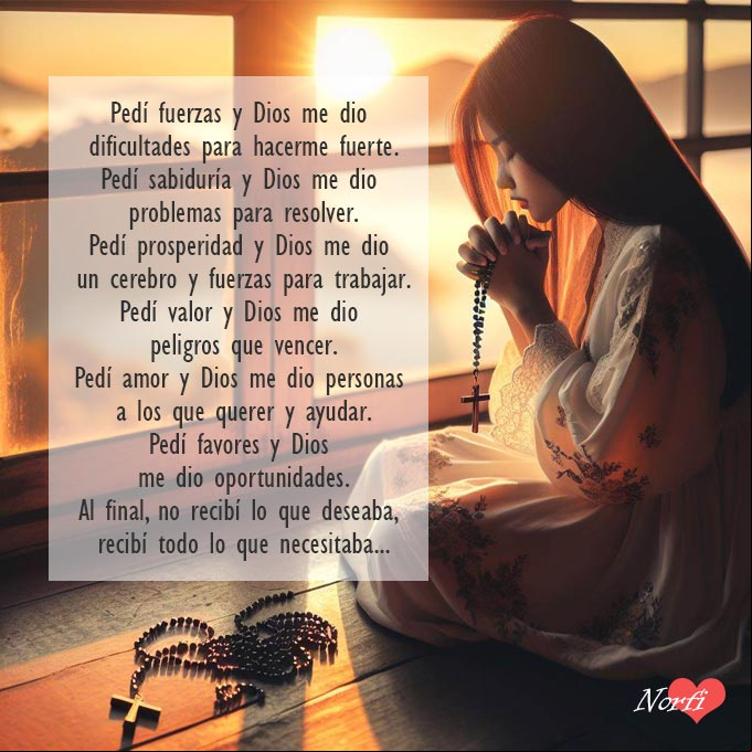 Poema Recibí de Dios todo lo que necesitaba Chica arrodillada orando con un rosario en la mano