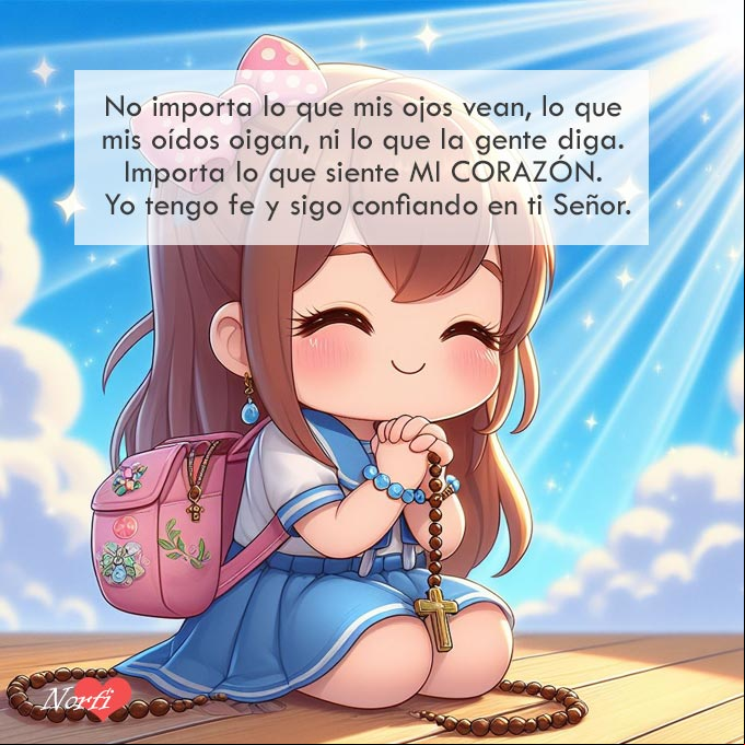 No importa lo que mis ojos vean, lo que mis oídos oigan, ni lo que la gente diga; importa lo que siente mi corazón. Yo tengo fe y sigo confiando en ti Señor Chica arrodillada orando con un rosario en la mano