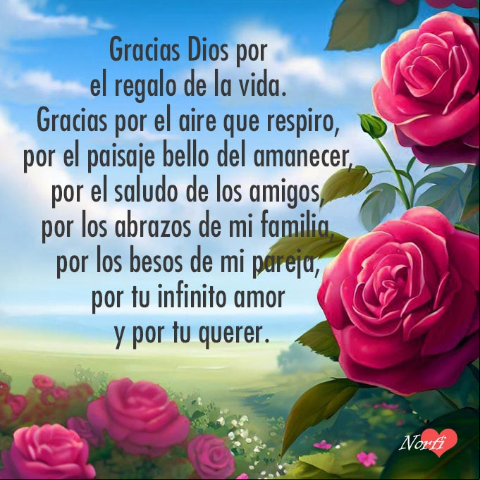 Gracias Dios por el regalo de la vida. Gracias por el aire que respiro, por el paisaje bello del amanecer, por el saludo de los amigos, por los abrazos de mi familia, por los besos de mi pareja, por tu infinito amor y por tu querer Paisaje lindo con rosas rojas