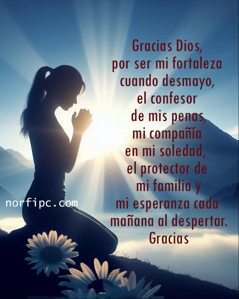 Gracias Dios, por ser mi fortaleza cuando desmayo, el confesor de mis penas, mi compañía en mi soledad, el protector de mi familia y mi esperanza cada mañana al despertar. Gracias Mujer arrodillada orando a Dios