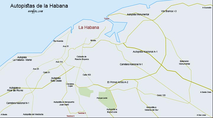 Mapa con las autopistas y principales carreteras en la Habana Mapa con las autopistas y principales carreteras en la Habana