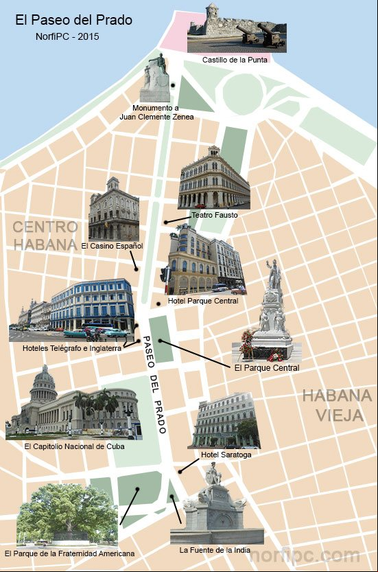 Mapa del Paseo de Martí o Paseo del Prado en la Habana Mapa del Paseo de Martí o Paseo del Prado en la Habana