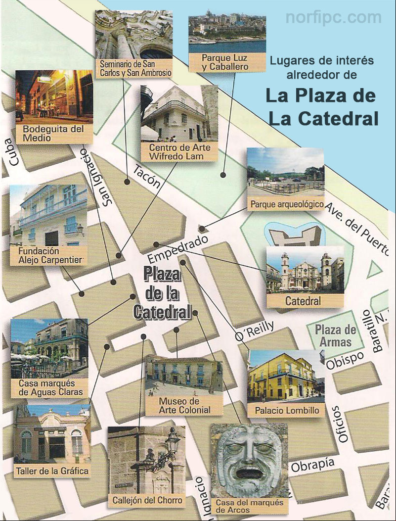 Mapa de La Plaza de la Catedral en la Habana Vieja con todos los lugares de interés a su alrededor Mapa de La Plaza de la Catedral en la Habana Vieja con todos los lugares de interés a su alrededor