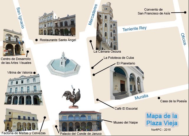Mapa con los principales lugares de interés alrededor de la Plaza Vieja de la Habana Vieja Mapa con los principales lugares de interés alrededor de la Plaza Vieja de la Habana Vieja