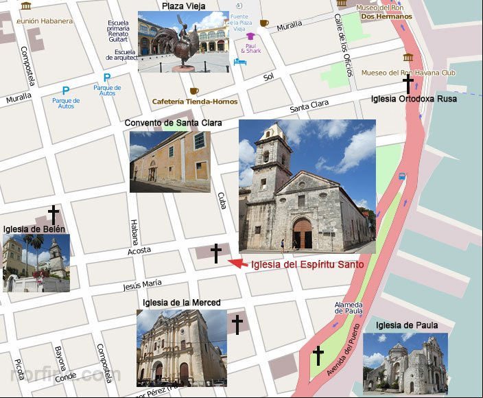 Mapa con la ubicación de la Iglesia del Espíritu Santo en la Habana Vieja y lugares cercanos de interés Mapa con la ubicación de la Iglesia del Espíritu Santo en la Habana Vieja y lugares cercanos de interés