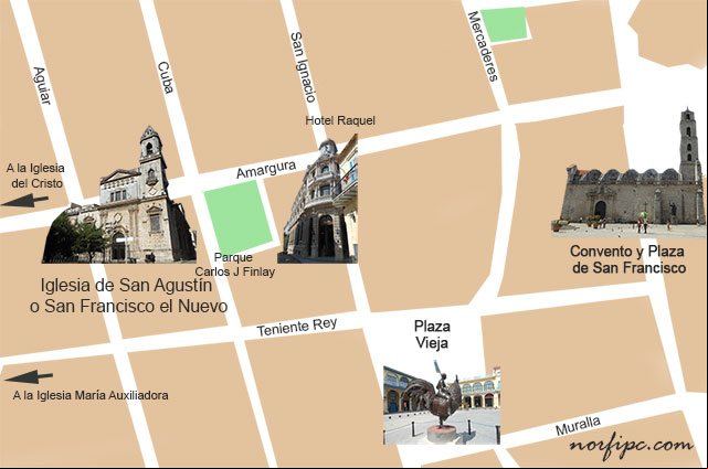 Mapa con la ubicación de La Iglesia de San Agustín o San Francisco el Nuevo en la Habana Vieja Mapa con la ubicación de La Iglesia de San Agustín o San Francisco el Nuevo en la Habana Vieja