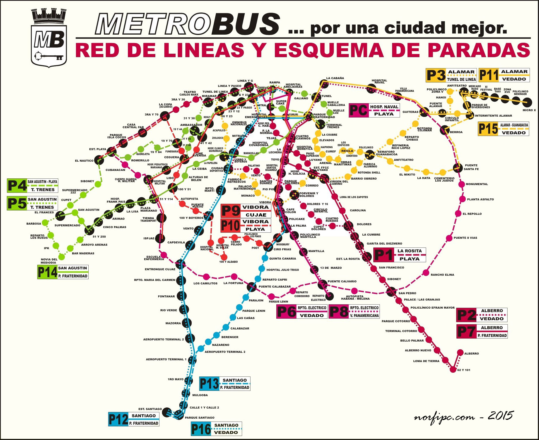 Mapa de las líneas del Metrobus en la Habana con sus rutas y paradas Mapa de las líneas del Metrobus en la Habana con sus rutas y paradas