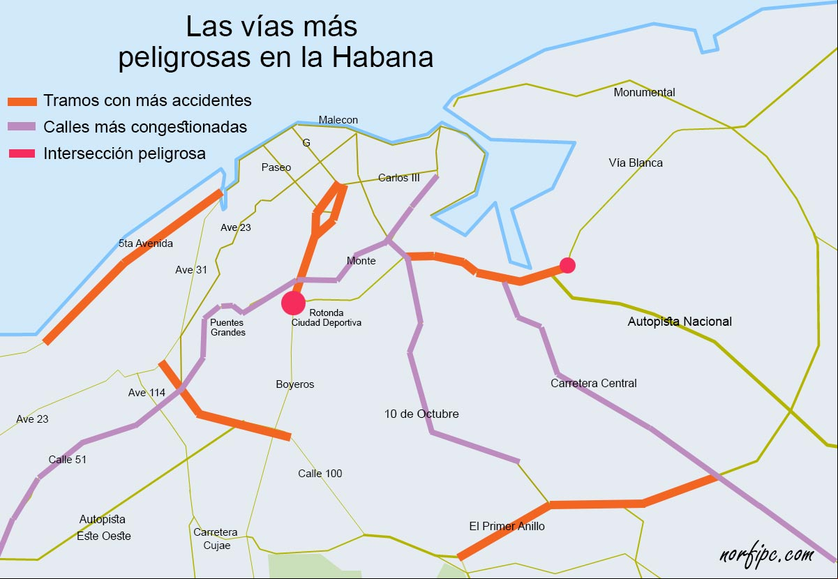 Mapa con las vías, calles y los tramos más peligrosos en la Habana Mapa con las vías, calles y los tramos más peligrosos en la Habana