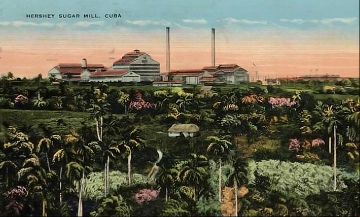 Antigua pintura del Central Hershey y los campos a su alrededor, en los años de su esplendor económico El Central, el Batey, el Tren y los Jardines de Hershey en Cuba