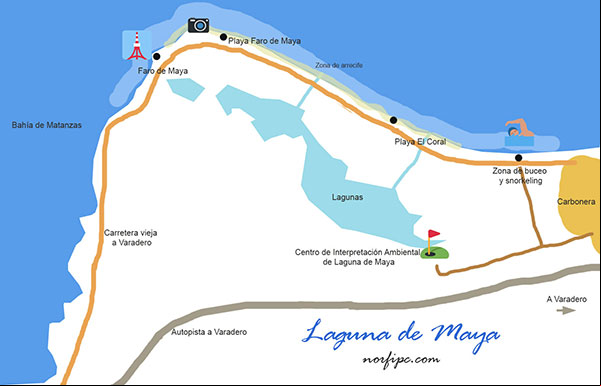 Mapa con la ubicación de Laguna de Maya, las vías de y las playas y lugares de interés en el área Mapa con la ubicación de Laguna de Maya, las vías de y las playas y lugares de interés en el área
