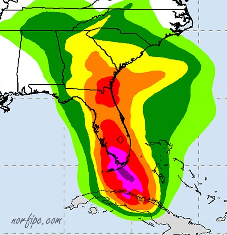 Área de vientos estimada en el pronóstico del Huracán Irma, a su paso por el norte de Cuba y la Florida Área de vientos estimada en el pronóstico del Huracán Irma