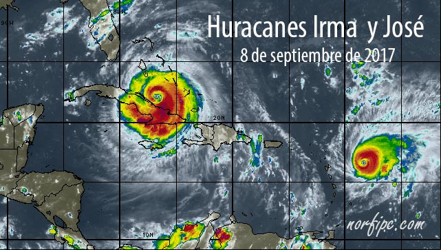 Foto de satélite del huracán Irma azotando a Cuba y José siguiéndole los pasos, el 8 de septiembre de 2017 Ciclones tropicales y huracanes que han azotado Cuba y el Caribe