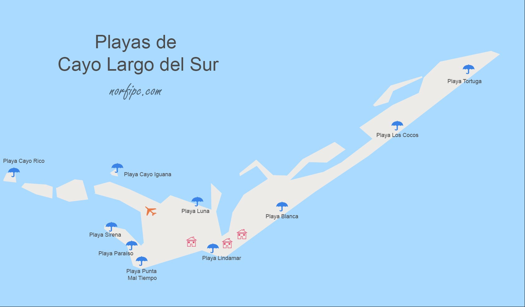 Mapa con la ubicación de las playas de Cayo Largo del Sur, Cuba Mapa con las playas de Cayo Largo del Sur