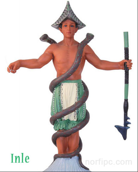 Inle. Orisha médico, adivino, cazador y pescador. Patrón de los médicos, peces, y dueño del río Orisha yoruba Inle