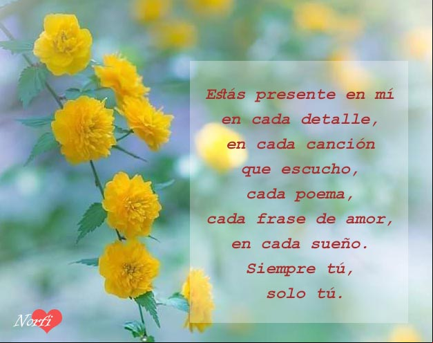 Estás presente en mí, en cada detalle, en cada canción que escucho, cada poema, cada frase de amor, en cada sueño Frase para el Día del Amor: Estás presente en mí