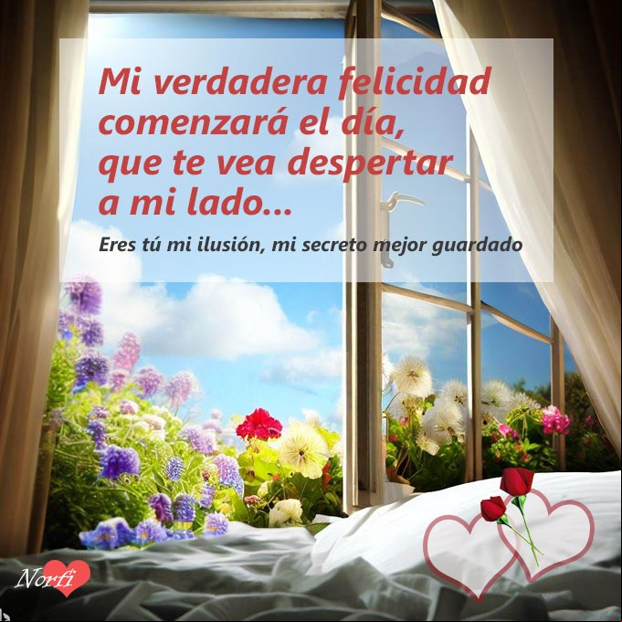 Cama y una ventana abierta con flores