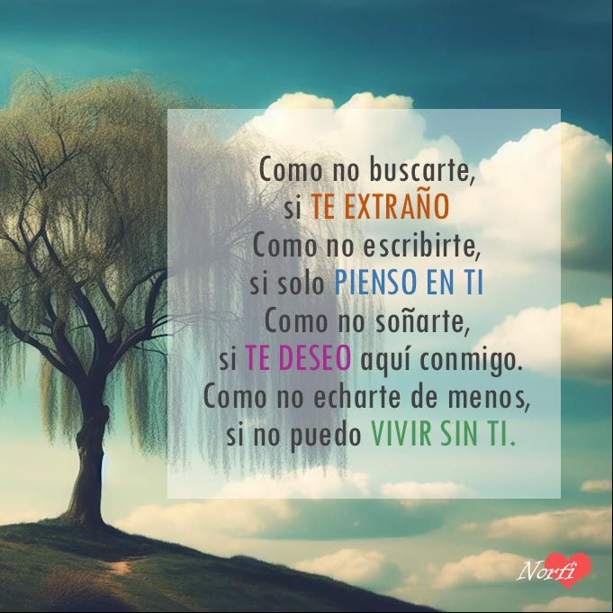 Como no buscarte, si te extraño. Como no escribirte, si solo pienso en ti. Como no soñarte, si te deseo aquí conmigo. Como no echarte de menos, si no puedo vivir sin ti Sauce lloron en la cima de una colina