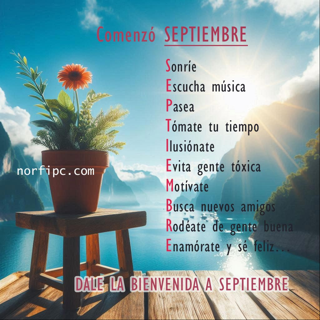 Dale la bienvenida a septiembre Maceta con flores, fondo cielo azul, rayos del sol