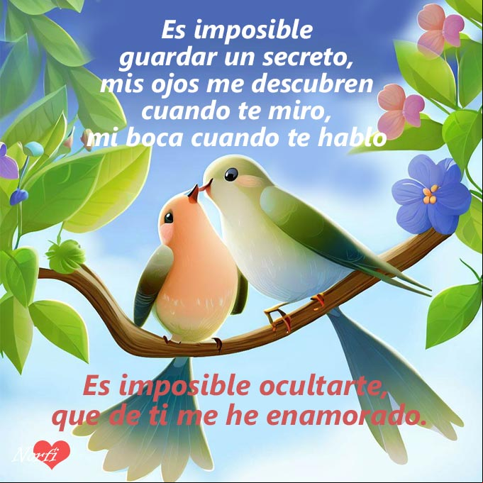 Es imposible guardar un secreto, mis ojos me descubren cuando te miro, mi boca cuando te hablo; es imposible ocultarte, que de ti me he enamorado Dos aves en la rama de un arbol