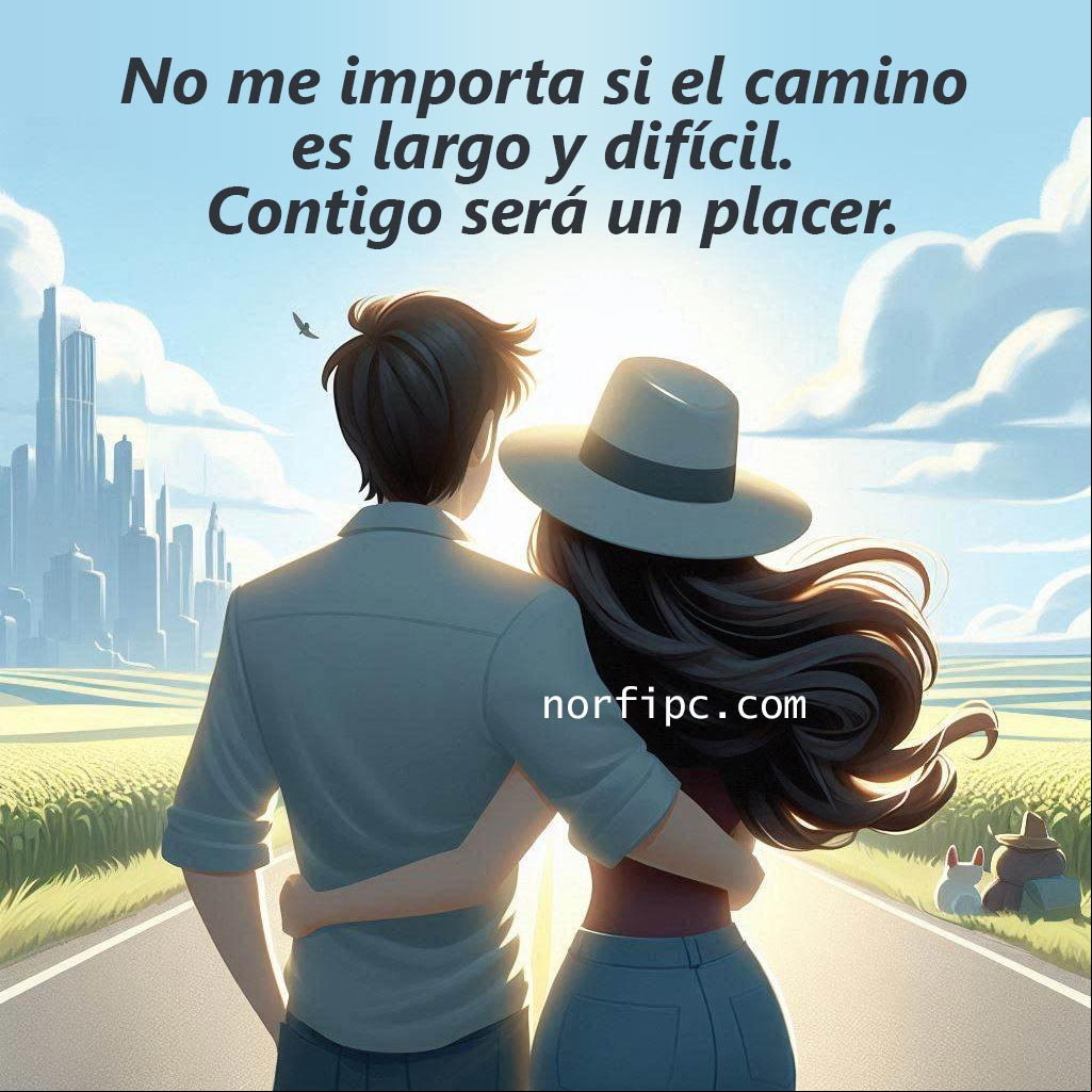 No me importa si el camino es largo y difícil. Si tengo tu mano, contigo será un placer. #DeclaracionesAmor Hombre y mujer de espalda abrazados en una carretera