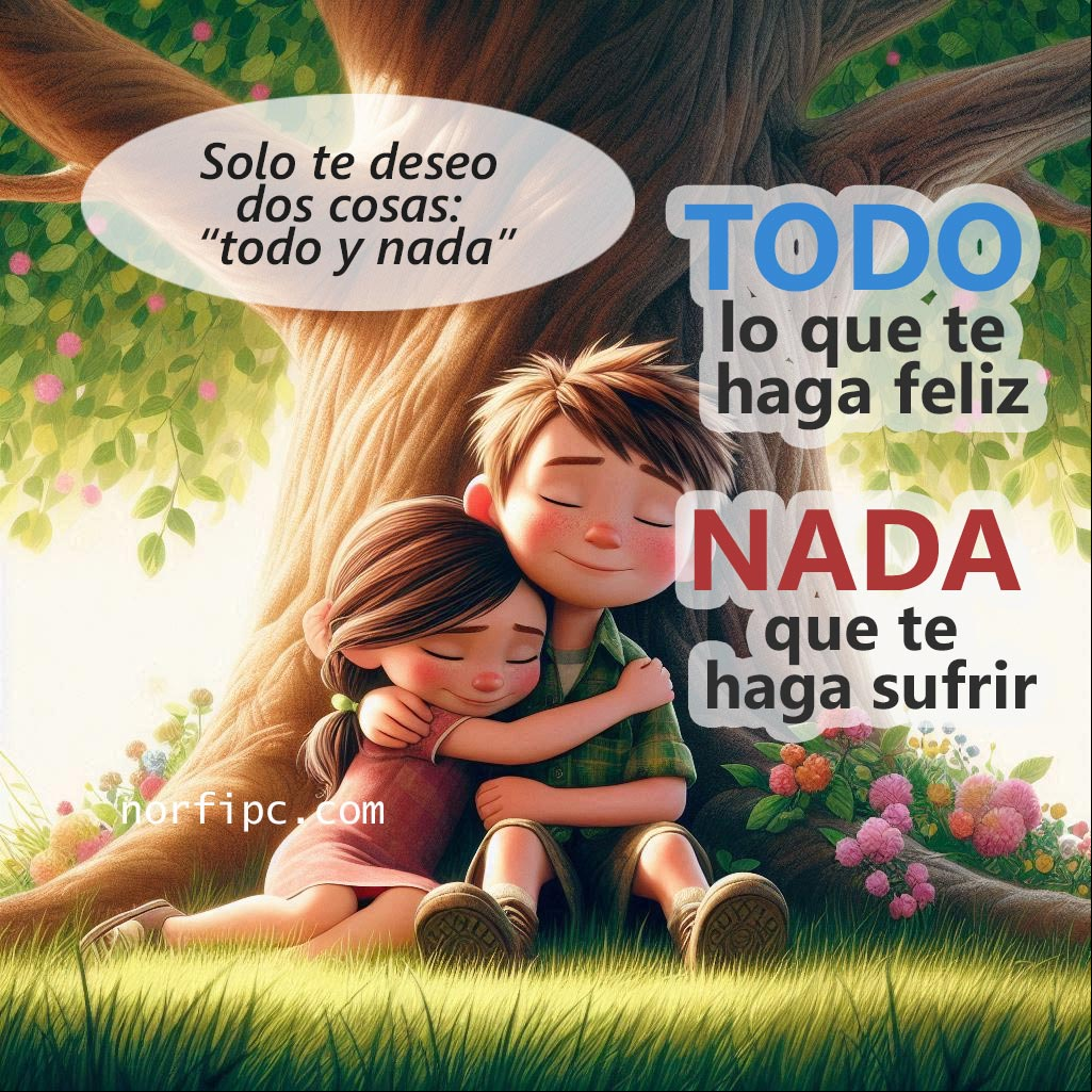 Sólo te deseo dos cosas: todo y nada. TODO lo que te haga feliz y NADA que te haga sufrir Pareja abrazados bajo un arbol con flores
