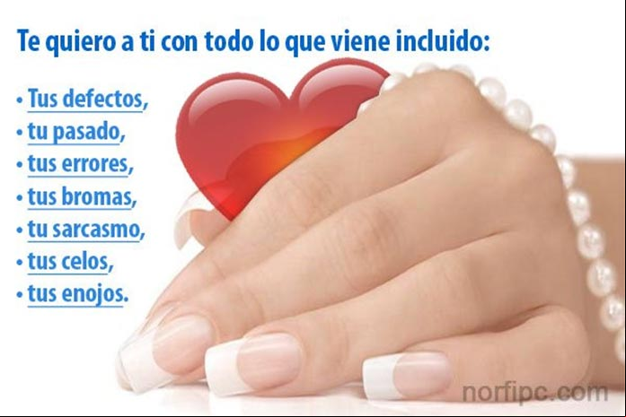 Te quiero a ti con todo lo que viene incluido: Tus defectos, tu pasado, tus errores, tus bromas, tu sarcasmo, tus celos y tus enojos Te quiero a ti con todo lo que viene incluido