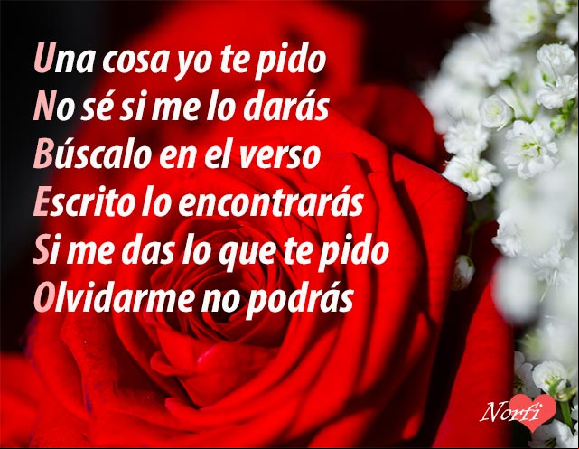 Una cosa yo te pido, no sé si me lo darás, búscalo en el verso, escrito lo encontrarás. Si me das lo que te pido, olvidarme no podrás Una cosa yo te pido