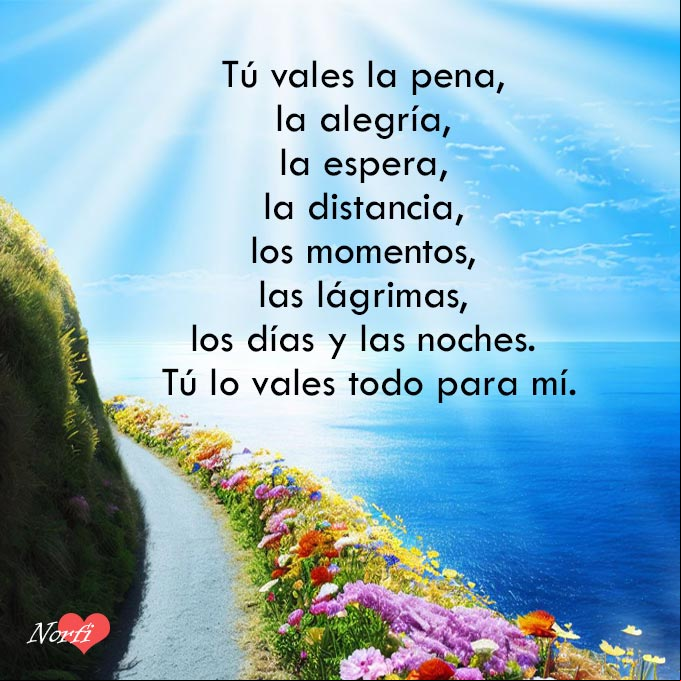 Tú vales la pena, la alegría, la espera, la distancia, los momentos, las lágrimas, los días y las noches. Tú lo vales todo para mí. Tú lo vales todo para mí