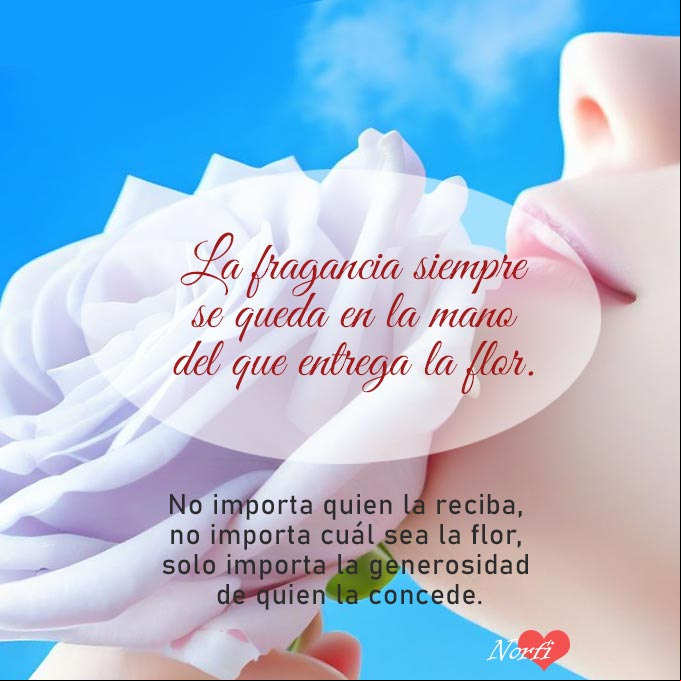 La fragancia siempre se queda en la mano del que entrega la flor. No importa quien la reciba, no importa cuál sea la flor, solo importa la generosidad de quien la concede Mujer oliendo una flor