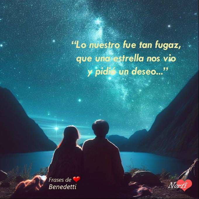 Lo nuestro fue tan fugaz, que una estrella nos vio y pidió un deseo... Frase de Benedetti Pareja sentada mirando estrella fugaz, fondo noche estrellada