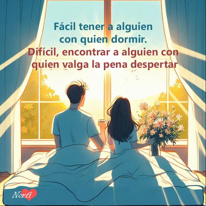 Fácil es tener a alguien con quien dormir. Difícil, es encontrar a alguien con quien valga la pena despertar Pareja en la cama al amanecer con la ventana abierta