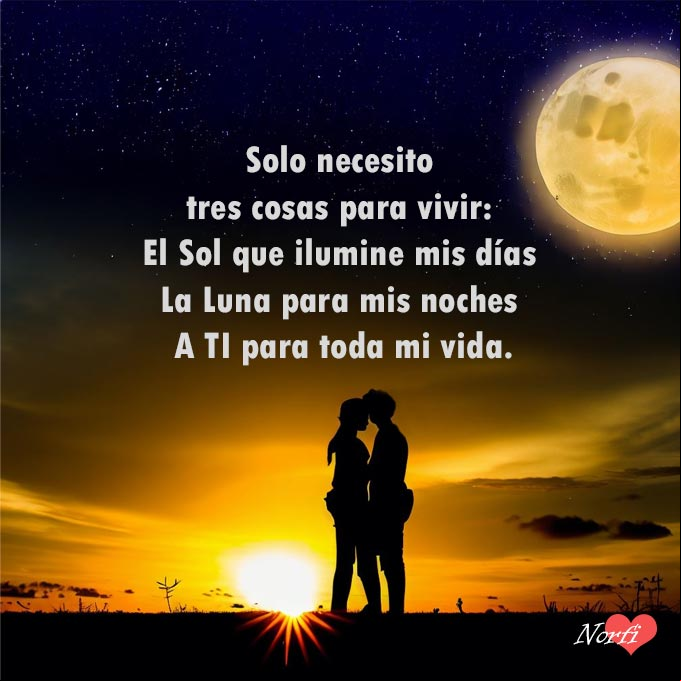 Solo necesito tres cosas para vivir: El Sol que ilumine mis días, la Luna para mis noches y a ti para toda mi vida. silueta de pareja, sol poniéndose y luna saliendo horizonte