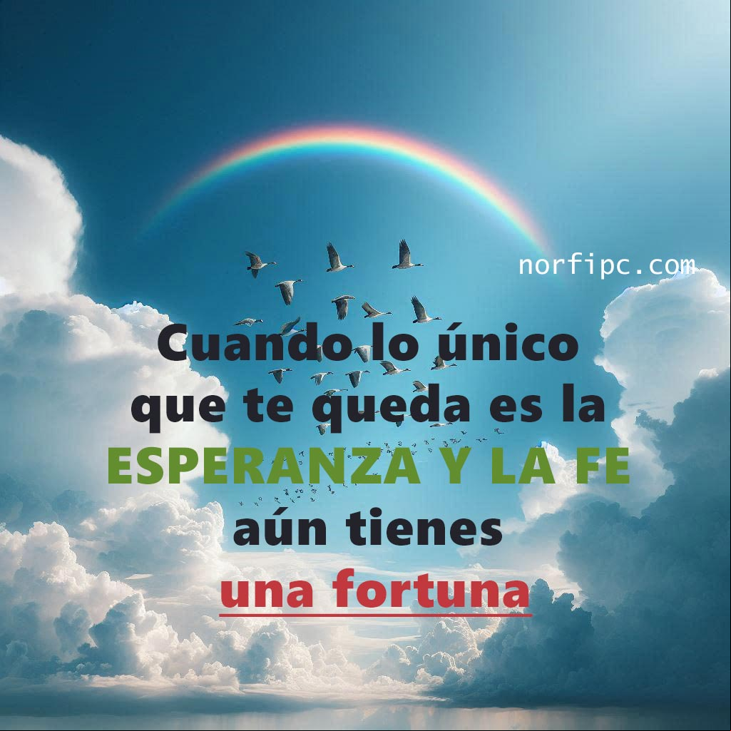 Cuando lo único que te queda es la esperanza y la fe, aun tienes una fortuna. #FelizDia Arcoiris y aves volando en el cielo azul
