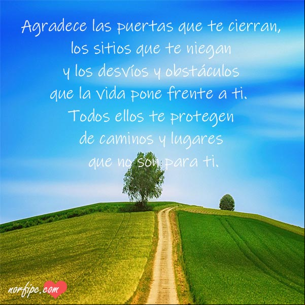 Agradece las puertas que te cierran, los sitios que te niegan y los desvíos y obstáculos que la vida pone frente a ti. Todos ellos te protegen de caminos y lugares que no son para ti. #Motivaciones Caminos y lugares que no son para ti