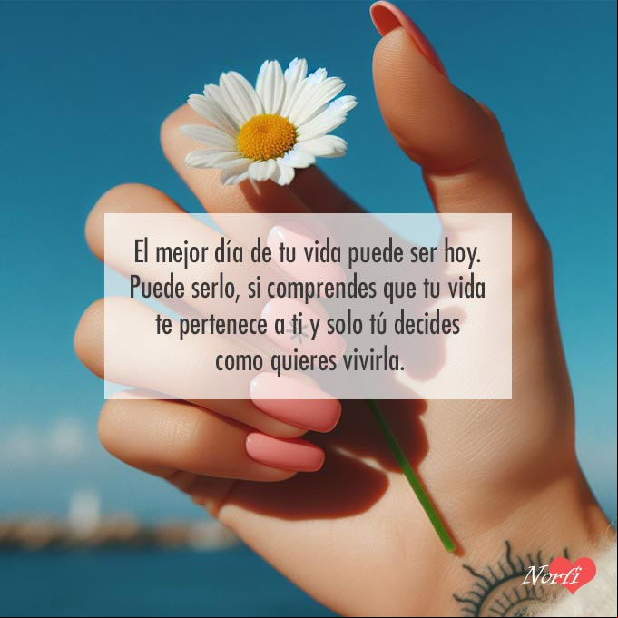 El mejor día de tu vida puede ser hoy. Puede serlo, si comprendes que tu vida te pertenece a ti y solo tú decides como quieres vivirla Mano de mujer sosteniendo una flor bajo el cielo azul