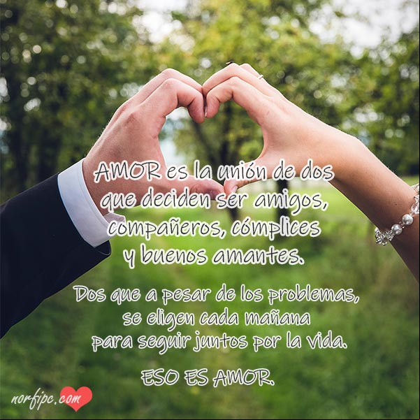 Amor es la unión de dos que deciden ser amigos, compañeros, cómplices y buenos amantes. Dos que a pesar de los problemas, se eligen cada mañana, para seguir juntos por la vida. Eso es amor. #RelacionesAmor Eso es amor