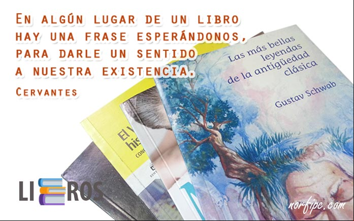 En algún lugar de un libro hay una frase esperándonos, para darle un sentido a nuestra existencia. Pensamiento de Miguel de Cervantes Frases y citas sobre los libros y la lectura