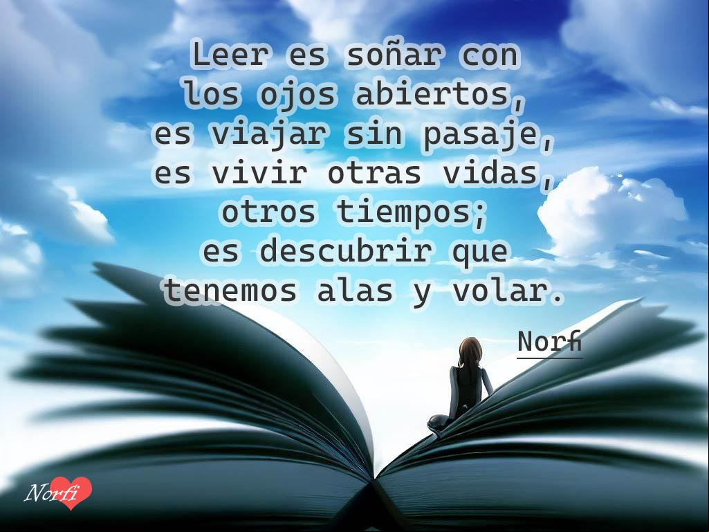 Leer es soñar con los ojos abiertos, es viajar sin pasaje, es vivir otras vidas, otros tiempos; es descubrir que tenemos alas y volar Libro con persona y fondo azul simbolizando la lectura
