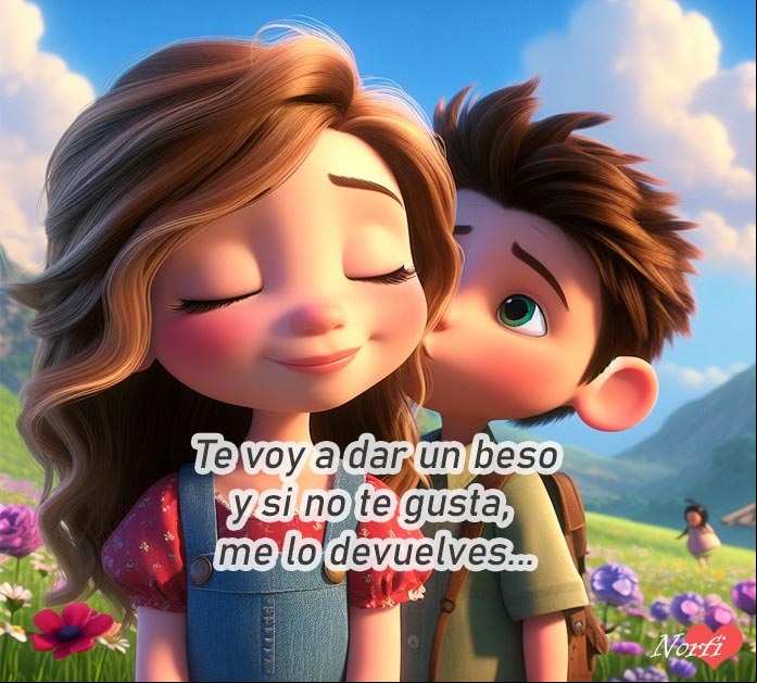 Te voy a dar un beso y si no te gusta, me lo devuelves... Chica con los ojos cerrados y chico preparado para darle un beso