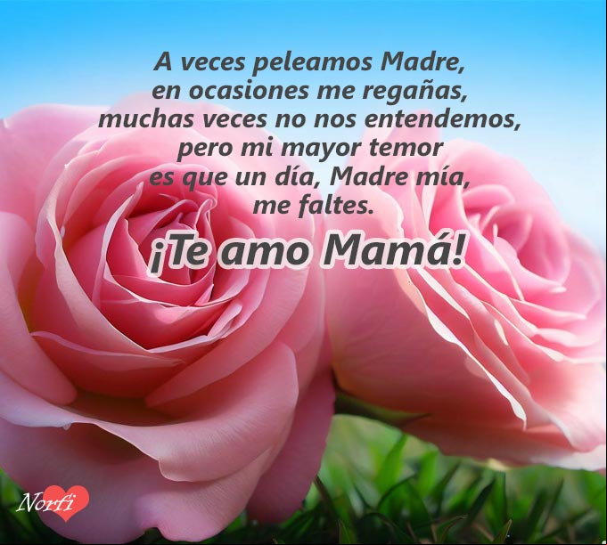 A veces peleamos Madre, en ocasiones me regañas, muchas veces no nos entendemos, pero mi mayor temor es que un día, Madre mía, me faltes Dos rosas en un jardín con el cielo azul de fondo, símbolo de una madre y su hija