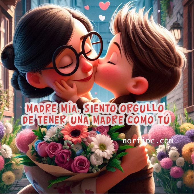 Chico entregando flores y besando a su madre