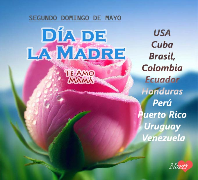Fechas de celebración del Día de la Madre en USA, Cuba, Brasil, Colombia, Ecuador, Honduras, Perú, Puerto Rico, Uruguay y Venezuela Capullo de rosa sobre un cielo azul con fechas de celebración del Día de la Madre
