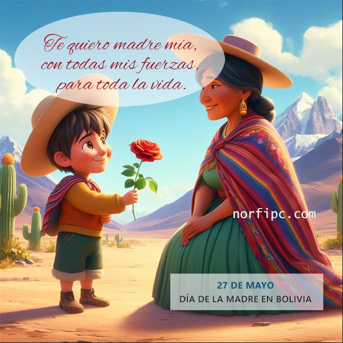 Te quiero mucho madre mía, con todas mis fuerzas, para toda la vida Chico boliviano regalando una rosa a su madre