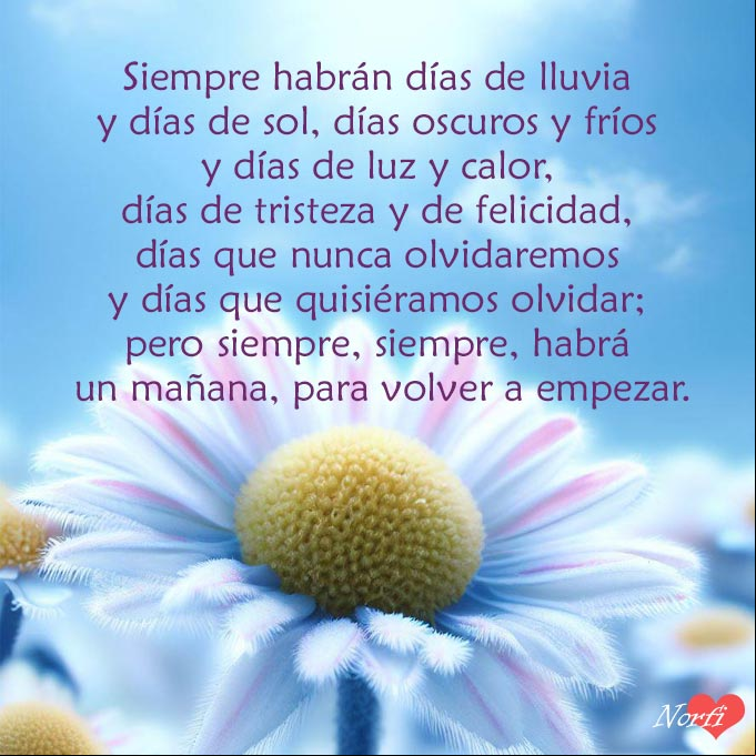 Siempre habrán días de lluvia y días de sol, días oscuros y fríos y días de luz y calor, días de tristeza y de felicidad, días que nunca olvidaremos y días que quisiéramos olvidar; pero siempre, siempre, habrá un mañana, para volver a empezar Flores al amanecer y cielo azul