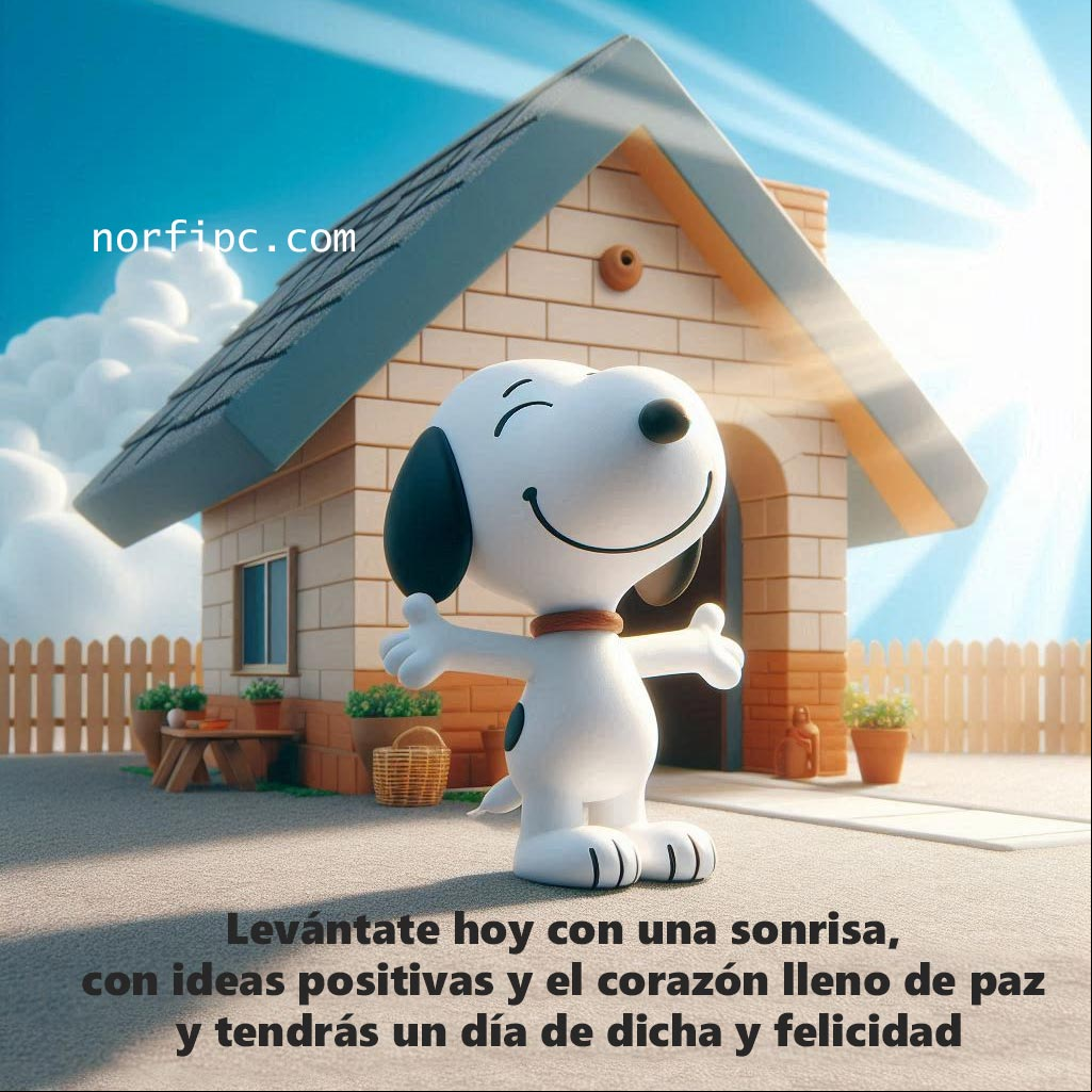 Levántate hoy con una sonrisa, con ideas positivas y el corazón lleno de paz y tendrás un día de dicha y felicidad Snoopy parado delante de su casita sonriente estirando los brazos