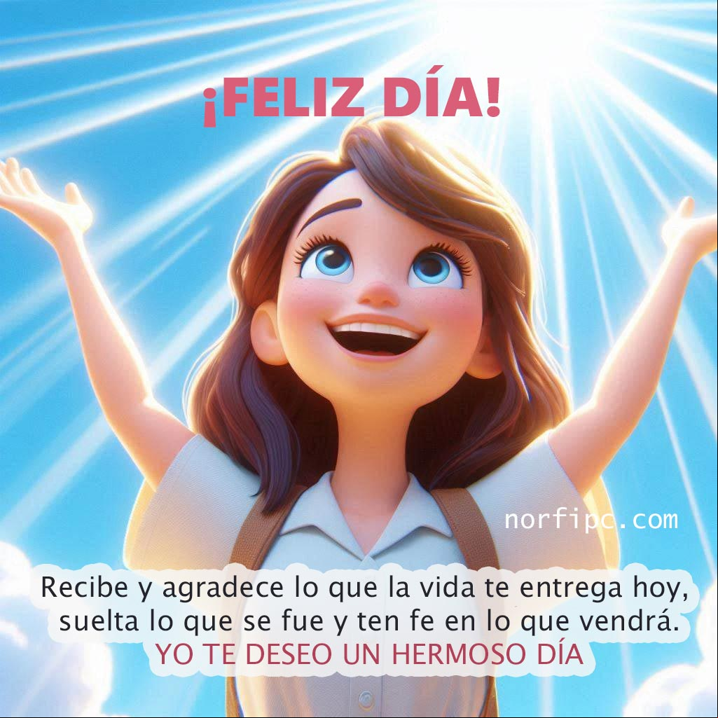 Recibe y agradece lo que la vida te entrega hoy, suelta lo que se fue y ten fe en lo que vendrá. Yo te deseo un hermoso día Chica con las dos manos abiertas extendidas hacia arriba, sonriendo, ilustración