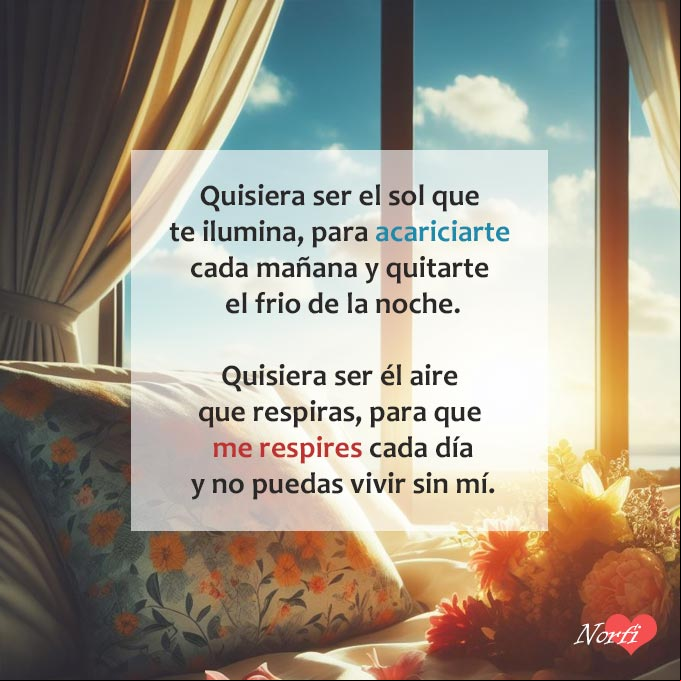 Quisiera ser él aire que respiras, para que me respires cada día y no puedas vivir sin mí almohada en cama destendida, sol por la ventana con flores, cielo azul